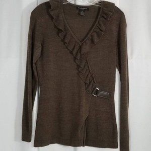 Susan Lawrence Brown V-Neck Ruffle Belted Detail Flattering Profile Size PL